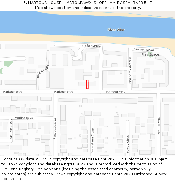 5, HARBOUR HOUSE, HARBOUR WAY, SHOREHAM-BY-SEA, BN43 5HZ: Location map and indicative extent of plot