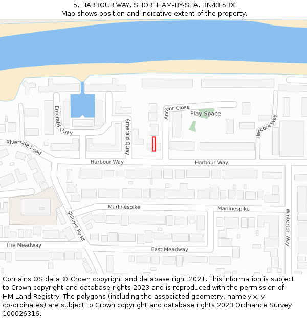 5, HARBOUR WAY, SHOREHAM-BY-SEA, BN43 5BX: Location map and indicative extent of plot
