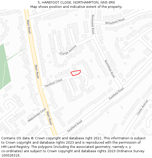 5, HAREFOOT CLOSE, NORTHAMPTON, NN5 6RS: Location map and indicative extent of plot