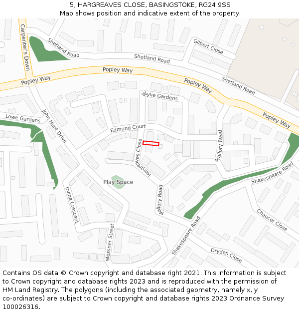 5, HARGREAVES CLOSE, BASINGSTOKE, RG24 9SS: Location map and indicative extent of plot