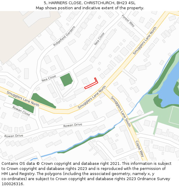 5, HARRIERS CLOSE, CHRISTCHURCH, BH23 4SL: Location map and indicative extent of plot