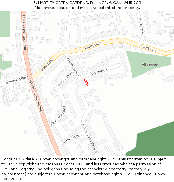 5, HARTLEY GREEN GARDENS, BILLINGE, WIGAN, WN5 7GB: Location map and indicative extent of plot