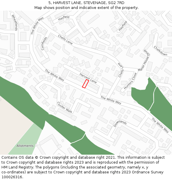 5, HARVEST LANE, STEVENAGE, SG2 7RD: Location map and indicative extent of plot
