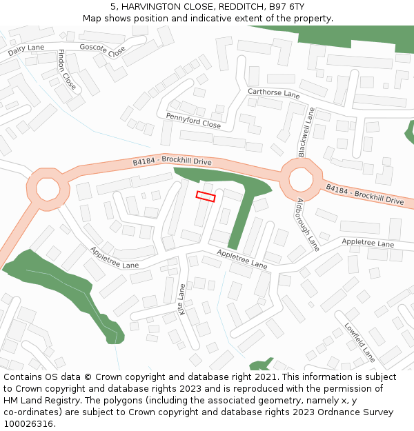 5, HARVINGTON CLOSE, REDDITCH, B97 6TY: Location map and indicative extent of plot