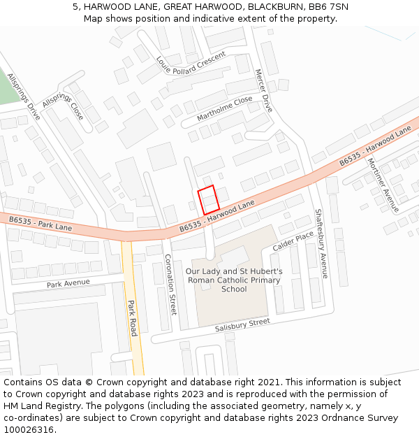 5, HARWOOD LANE, GREAT HARWOOD, BLACKBURN, BB6 7SN: Location map and indicative extent of plot