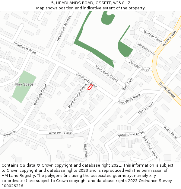 5, HEADLANDS ROAD, OSSETT, WF5 8HZ: Location map and indicative extent of plot
