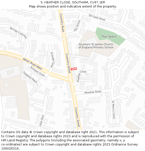 5, HEATHER CLOSE, SOUTHAM, CV47 1ER: Location map and indicative extent of plot