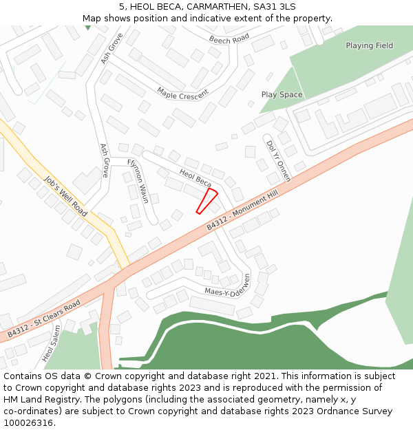 5, HEOL BECA, CARMARTHEN, SA31 3LS: Location map and indicative extent of plot