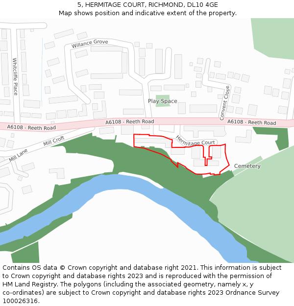 5, HERMITAGE COURT, RICHMOND, DL10 4GE: Location map and indicative extent of plot