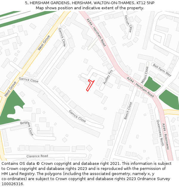 5, HERSHAM GARDENS, HERSHAM, WALTON-ON-THAMES, KT12 5NP: Location map and indicative extent of plot