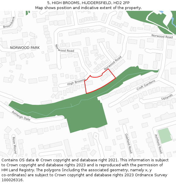 5, HIGH BROOMS, HUDDERSFIELD, HD2 2FP: Location map and indicative extent of plot
