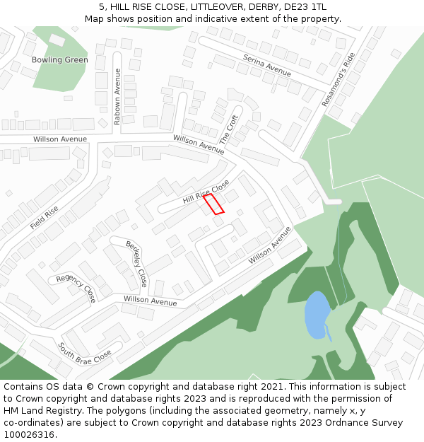 5, HILL RISE CLOSE, LITTLEOVER, DERBY, DE23 1TL: Location map and indicative extent of plot