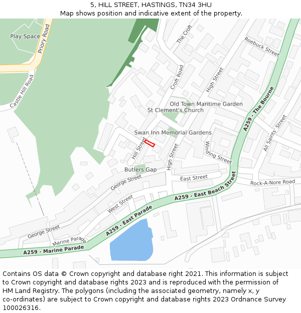 5, HILL STREET, HASTINGS, TN34 3HU: Location map and indicative extent of plot