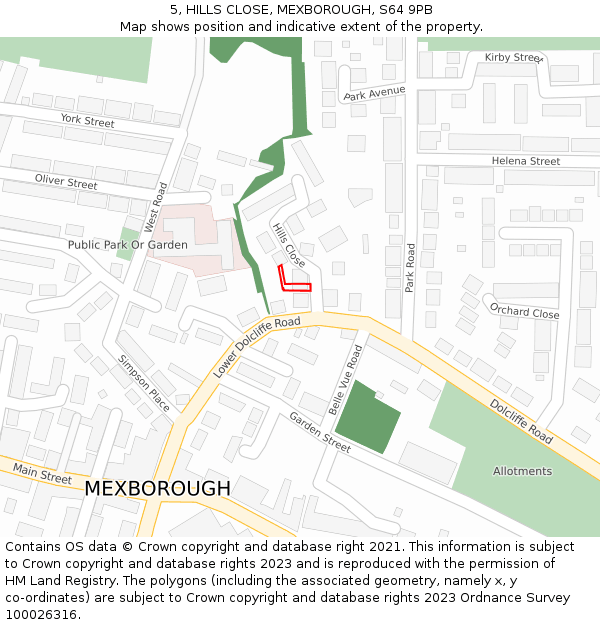 5, HILLS CLOSE, MEXBOROUGH, S64 9PB: Location map and indicative extent of plot