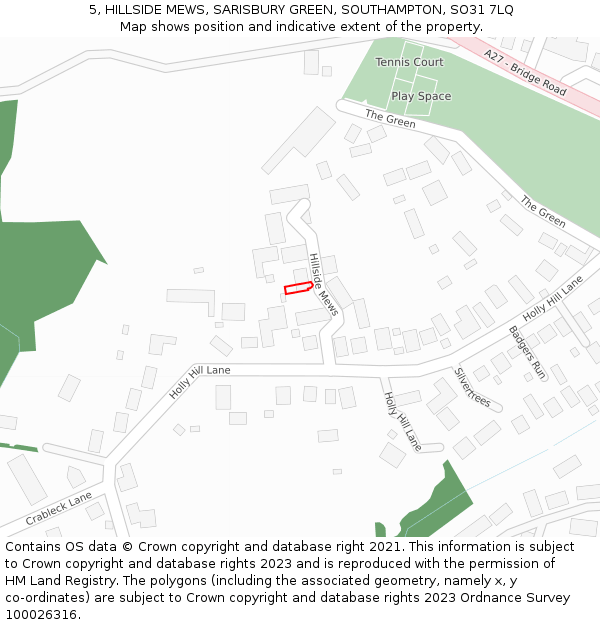 5, HILLSIDE MEWS, SARISBURY GREEN, SOUTHAMPTON, SO31 7LQ: Location map and indicative extent of plot
