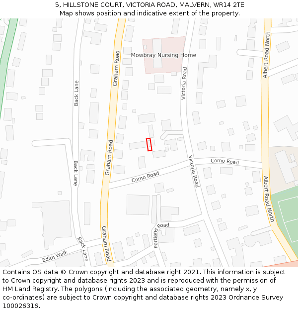 5, HILLSTONE COURT, VICTORIA ROAD, MALVERN, WR14 2TE: Location map and indicative extent of plot