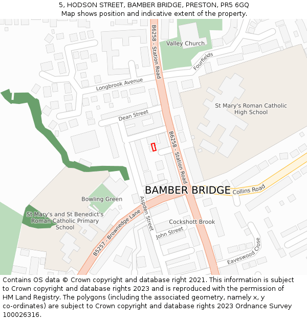 5, HODSON STREET, BAMBER BRIDGE, PRESTON, PR5 6GQ: Location map and indicative extent of plot