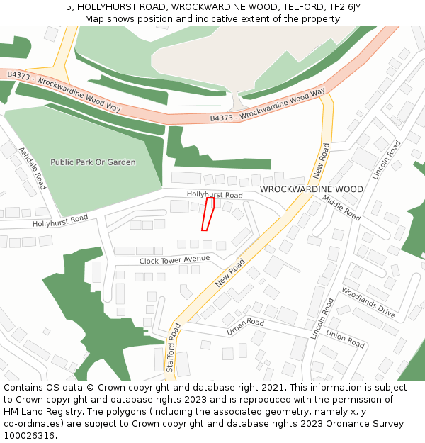 5, HOLLYHURST ROAD, WROCKWARDINE WOOD, TELFORD, TF2 6JY: Location map and indicative extent of plot