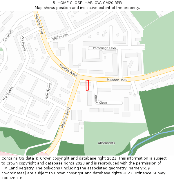 5, HOME CLOSE, HARLOW, CM20 3PB: Location map and indicative extent of plot