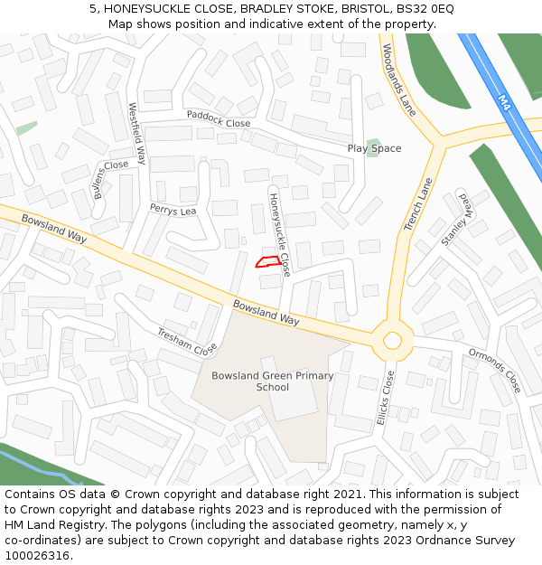 5, HONEYSUCKLE CLOSE, BRADLEY STOKE, BRISTOL, BS32 0EQ: Location map and indicative extent of plot