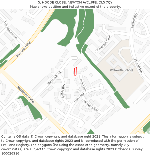 5, HOODE CLOSE, NEWTON AYCLIFFE, DL5 7QY: Location map and indicative extent of plot