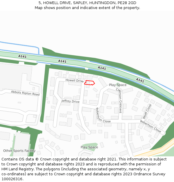 5, HOWELL DRIVE, SAPLEY, HUNTINGDON, PE28 2GD: Location map and indicative extent of plot