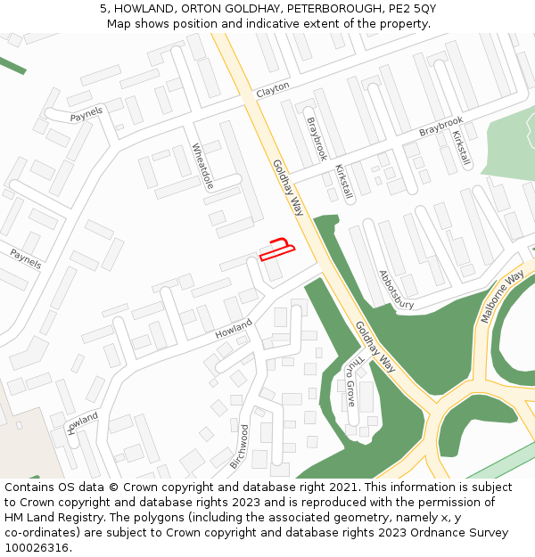 5, HOWLAND, ORTON GOLDHAY, PETERBOROUGH, PE2 5QY: Location map and indicative extent of plot