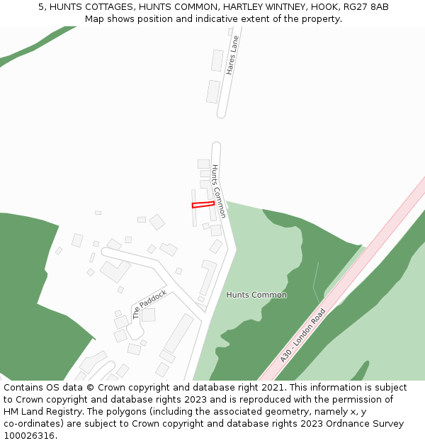 5, HUNTS COTTAGES, HUNTS COMMON, HARTLEY WINTNEY, HOOK, RG27 8AB: Location map and indicative extent of plot