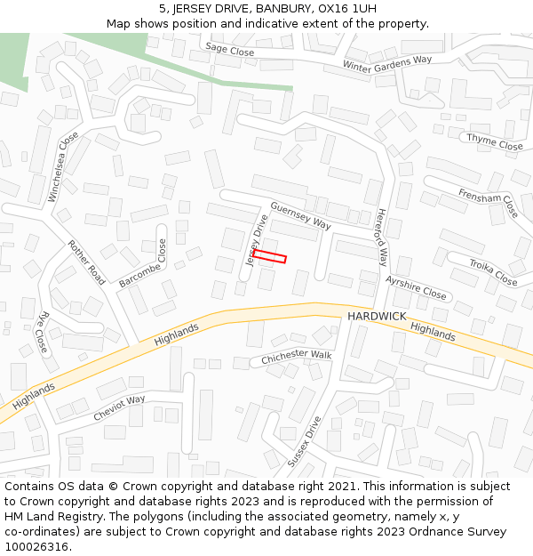 5, JERSEY DRIVE, BANBURY, OX16 1UH: Location map and indicative extent of plot