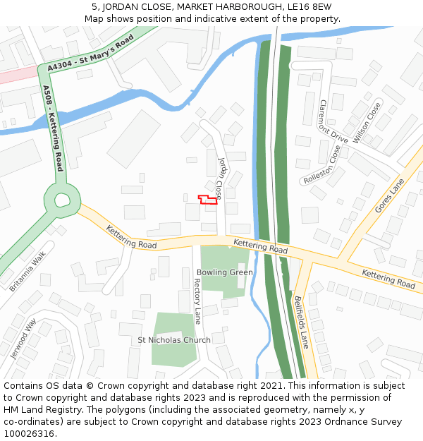 5, JORDAN CLOSE, MARKET HARBOROUGH, LE16 8EW: Location map and indicative extent of plot