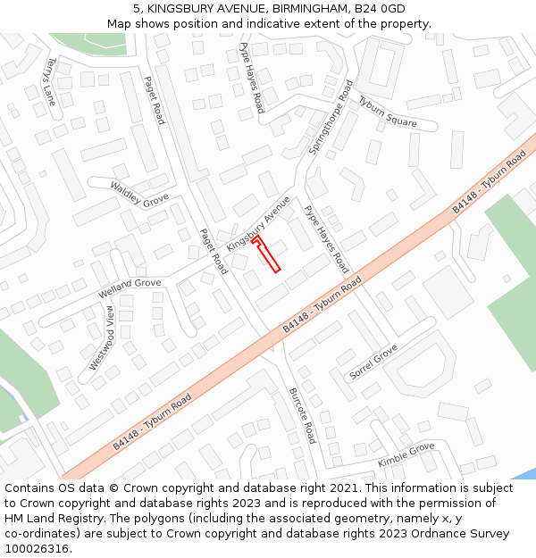 5, KINGSBURY AVENUE, BIRMINGHAM, B24 0GD: Location map and indicative extent of plot
