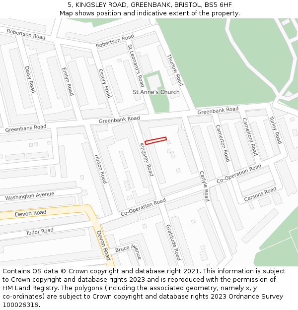5, KINGSLEY ROAD, GREENBANK, BRISTOL, BS5 6HF: Location map and indicative extent of plot