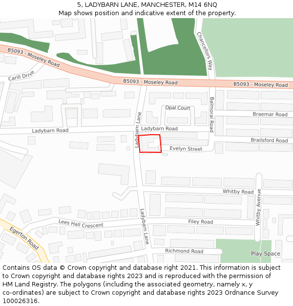 5, LADYBARN LANE, MANCHESTER, M14 6NQ: Location map and indicative extent of plot