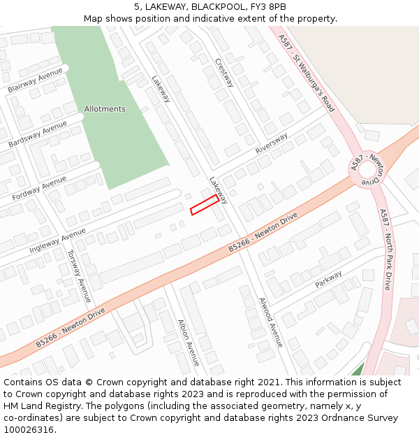 5, LAKEWAY, BLACKPOOL, FY3 8PB: Location map and indicative extent of plot