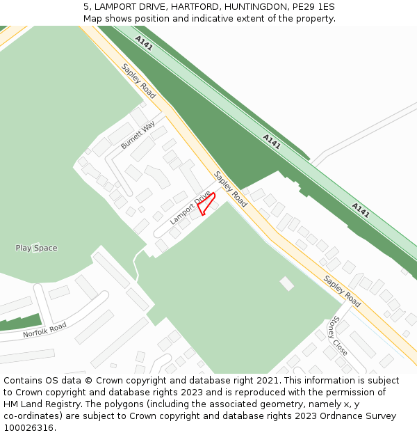 5, LAMPORT DRIVE, HARTFORD, HUNTINGDON, PE29 1ES: Location map and indicative extent of plot