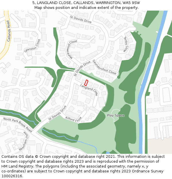 5, LANGLAND CLOSE, CALLANDS, WARRINGTON, WA5 9SW: Location map and indicative extent of plot
