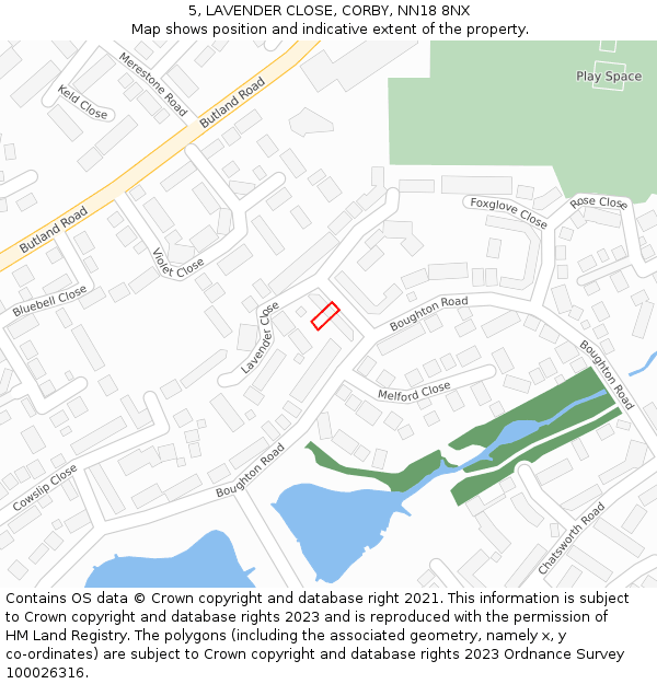 5, LAVENDER CLOSE, CORBY, NN18 8NX: Location map and indicative extent of plot