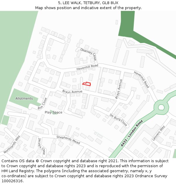 5, LEE WALK, TETBURY, GL8 8UX: Location map and indicative extent of plot