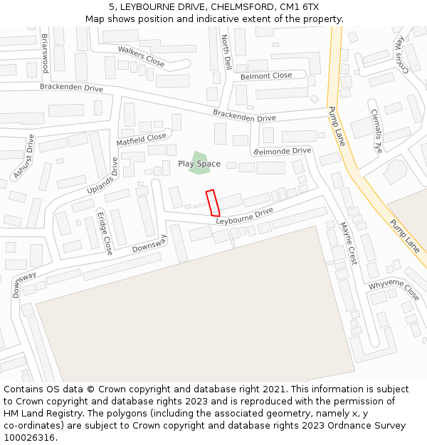 5, LEYBOURNE DRIVE, CHELMSFORD, CM1 6TX: Location map and indicative extent of plot