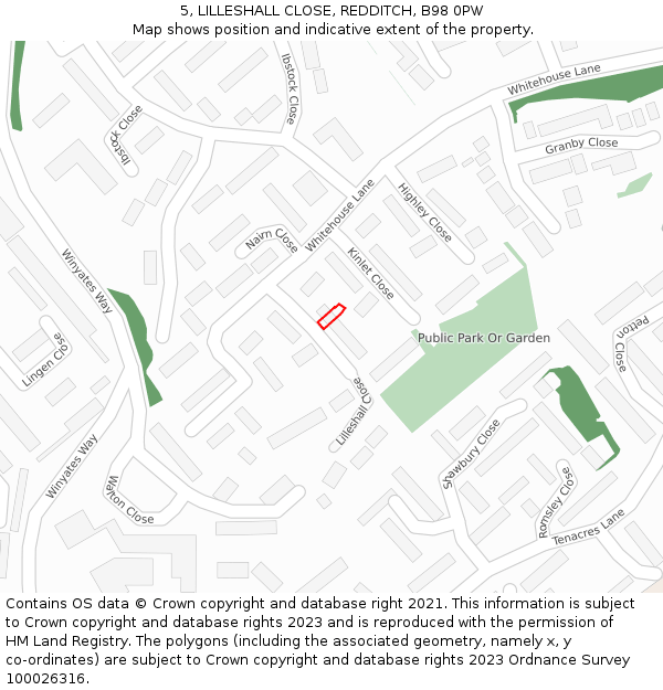 5, LILLESHALL CLOSE, REDDITCH, B98 0PW: Location map and indicative extent of plot