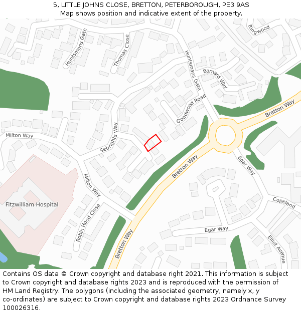 5, LITTLE JOHNS CLOSE, BRETTON, PETERBOROUGH, PE3 9AS: Location map and indicative extent of plot