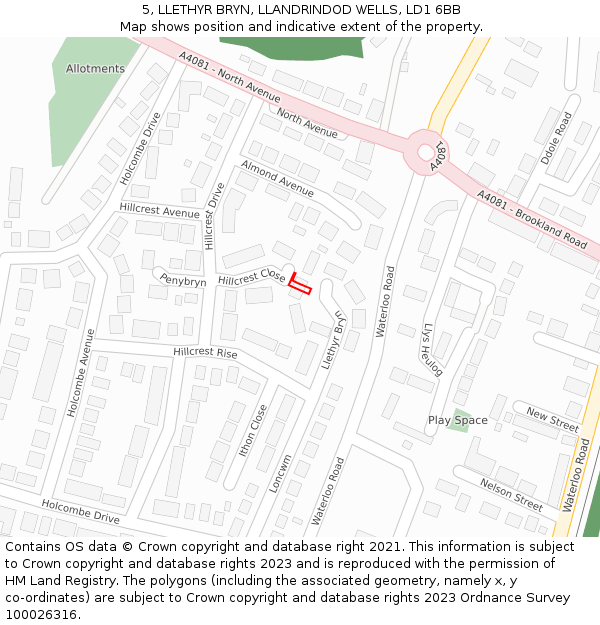 5, LLETHYR BRYN, LLANDRINDOD WELLS, LD1 6BB: Location map and indicative extent of plot
