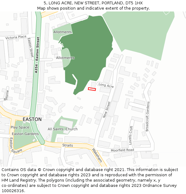 5, LONG ACRE, NEW STREET, PORTLAND, DT5 1HX: Location map and indicative extent of plot