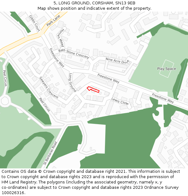 5, LONG GROUND, CORSHAM, SN13 9EB: Location map and indicative extent of plot