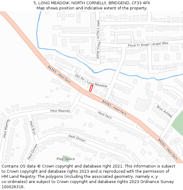 5, LONG MEADOW, NORTH CORNELLY, BRIDGEND, CF33 4PX: Location map and indicative extent of plot