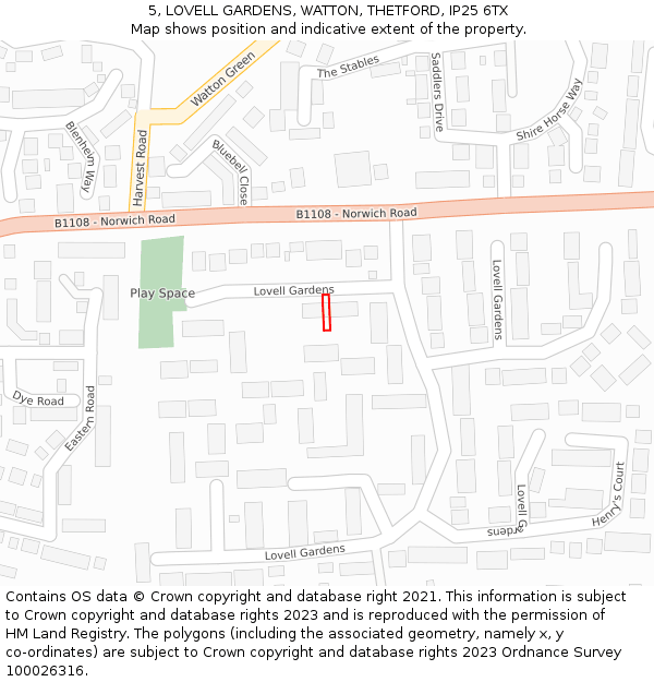5, LOVELL GARDENS, WATTON, THETFORD, IP25 6TX: Location map and indicative extent of plot