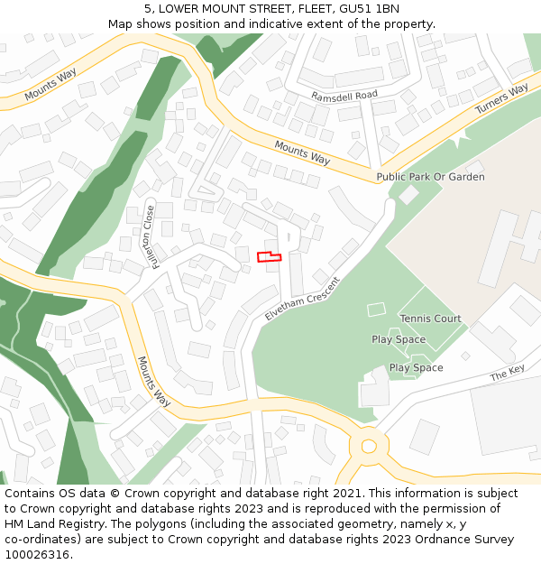 5, LOWER MOUNT STREET, FLEET, GU51 1BN: Location map and indicative extent of plot