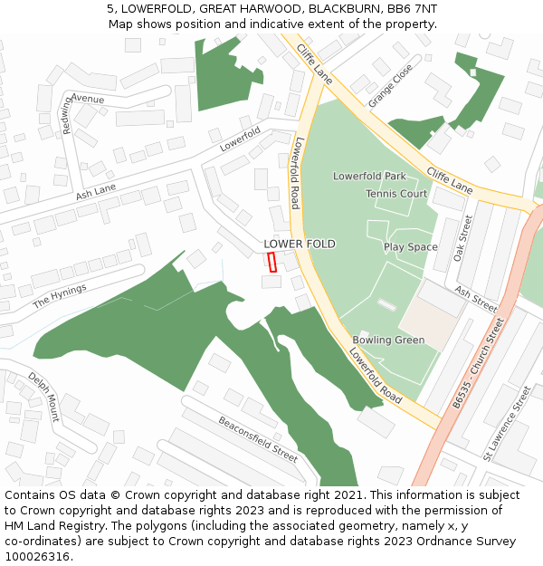 5, LOWERFOLD, GREAT HARWOOD, BLACKBURN, BB6 7NT: Location map and indicative extent of plot