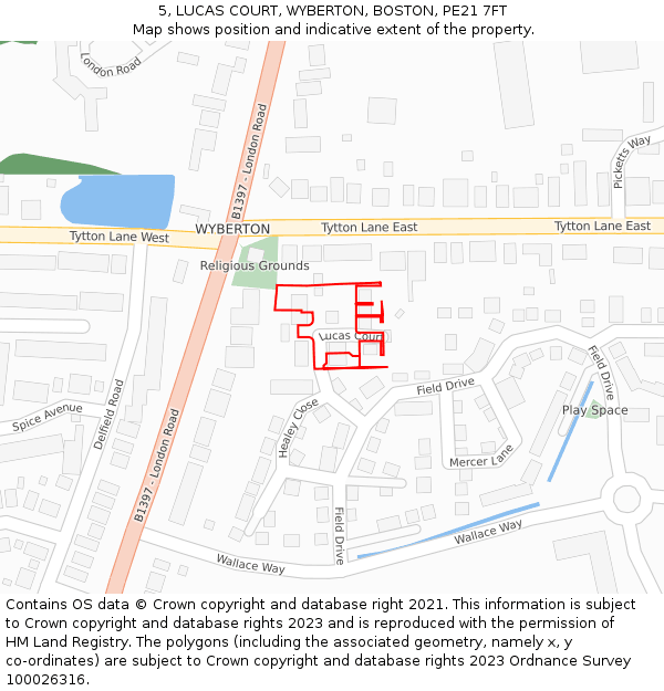 5, LUCAS COURT, WYBERTON, BOSTON, PE21 7FT: Location map and indicative extent of plot