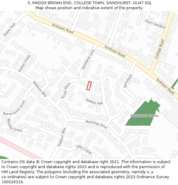 5, MADOX BROWN END, COLLEGE TOWN, SANDHURST, GU47 0GJ: Location map and indicative extent of plot